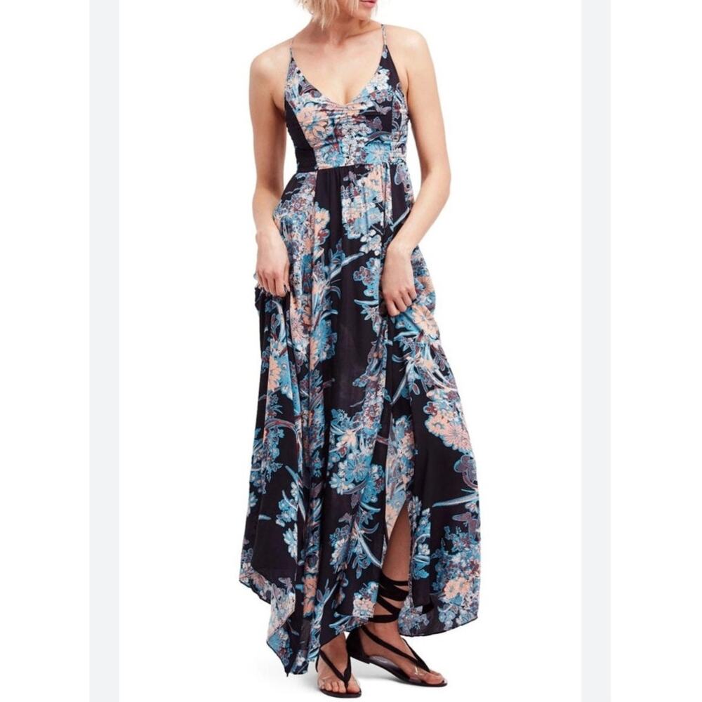 Free People Through The Vine Maxi Dress Carbon Black Floral Sz XS Boho Garden